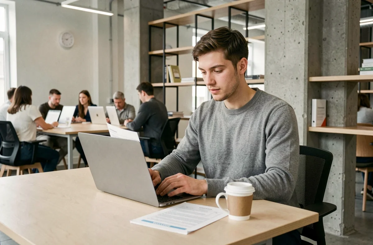 Jeune entrepreneur étudiant les types de bail pour son local dans un espace de coworking