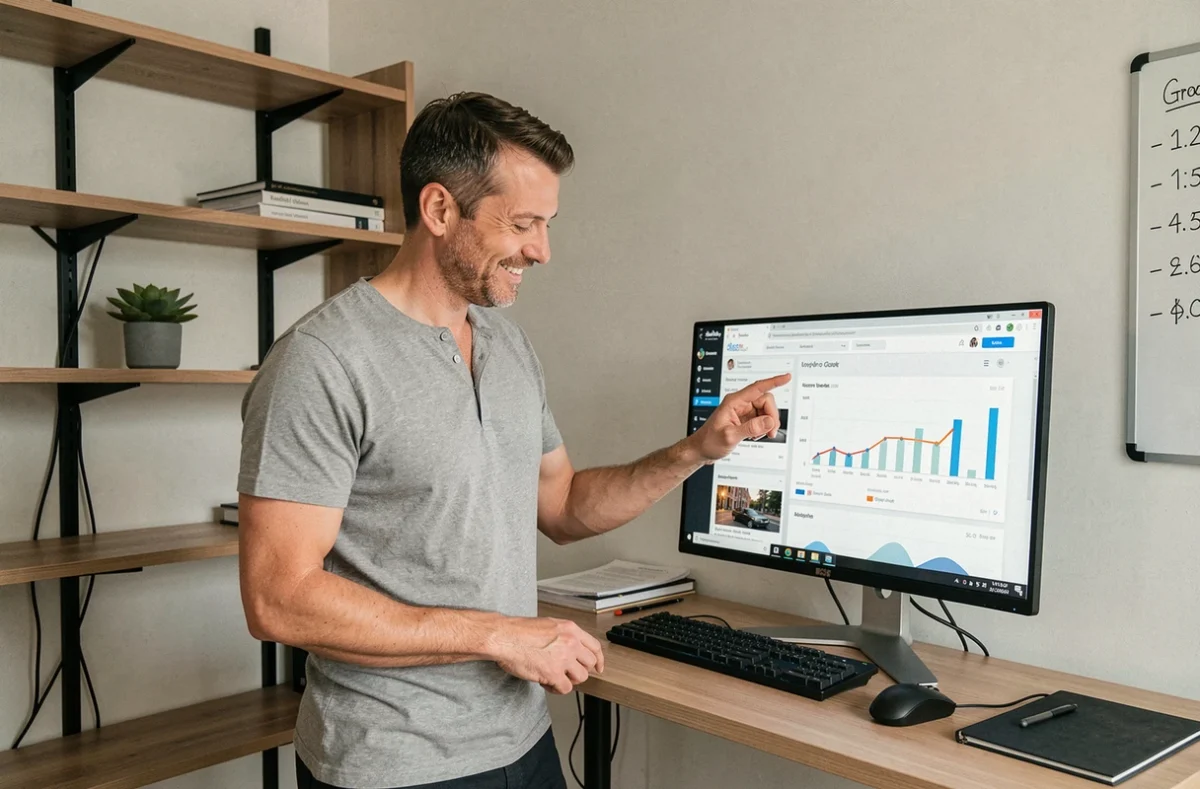 Entrepreneur masculin travaillant sur des outils numériques d'analyse dans un bureau à domicile moderne