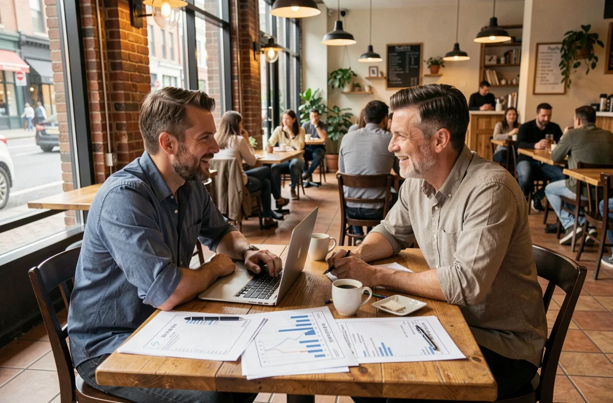 Deux entrepreneurs collaborant autour d'un plan d'affaires dans un café urbain animé