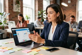 Entrepreneuse en réunion vidéo dans un espace de co-working moderne illustrant la digitalisation des entreprises