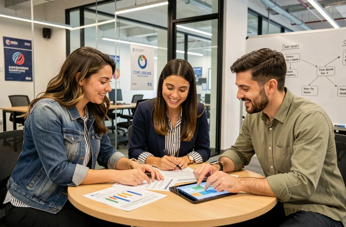 Équipe de jeunes entrepreneurs collaborant sur une stratégie digitale dans un incubateur de startups