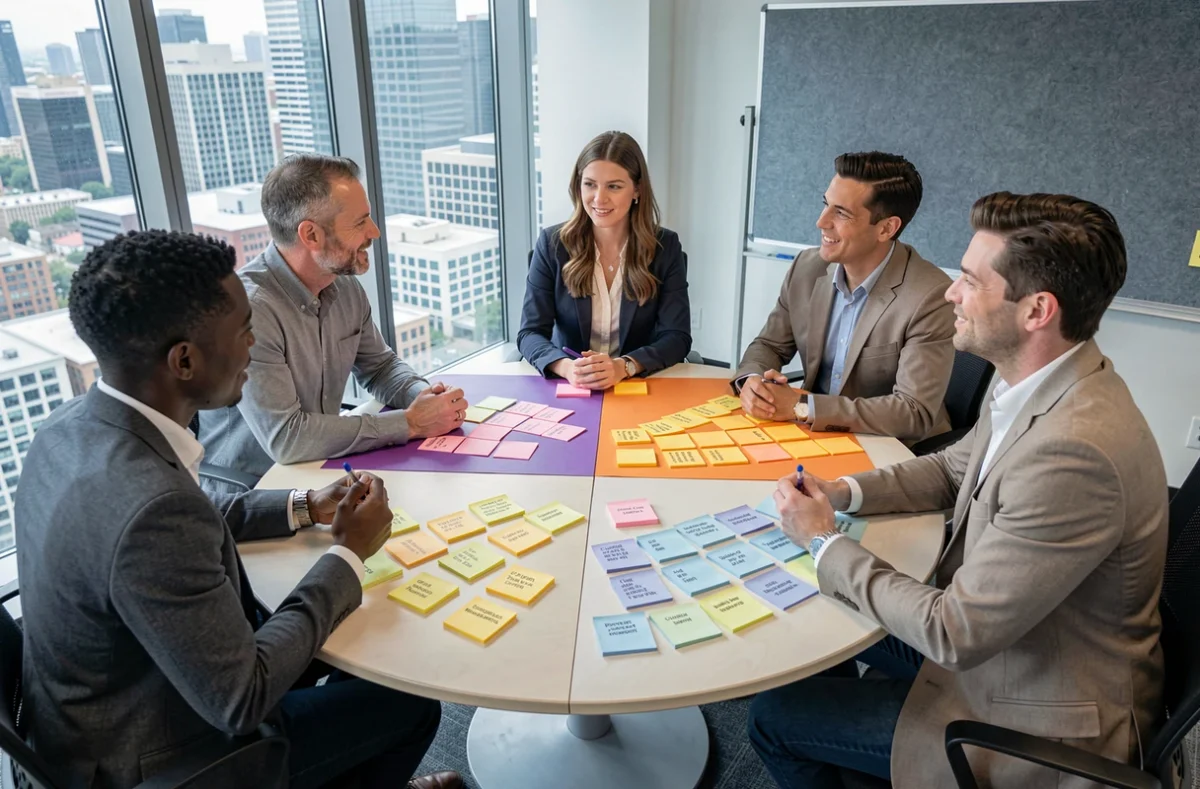 Équipe de professionnels discutant des quatre types de changement autour d'un tableau de post-it en quadrant