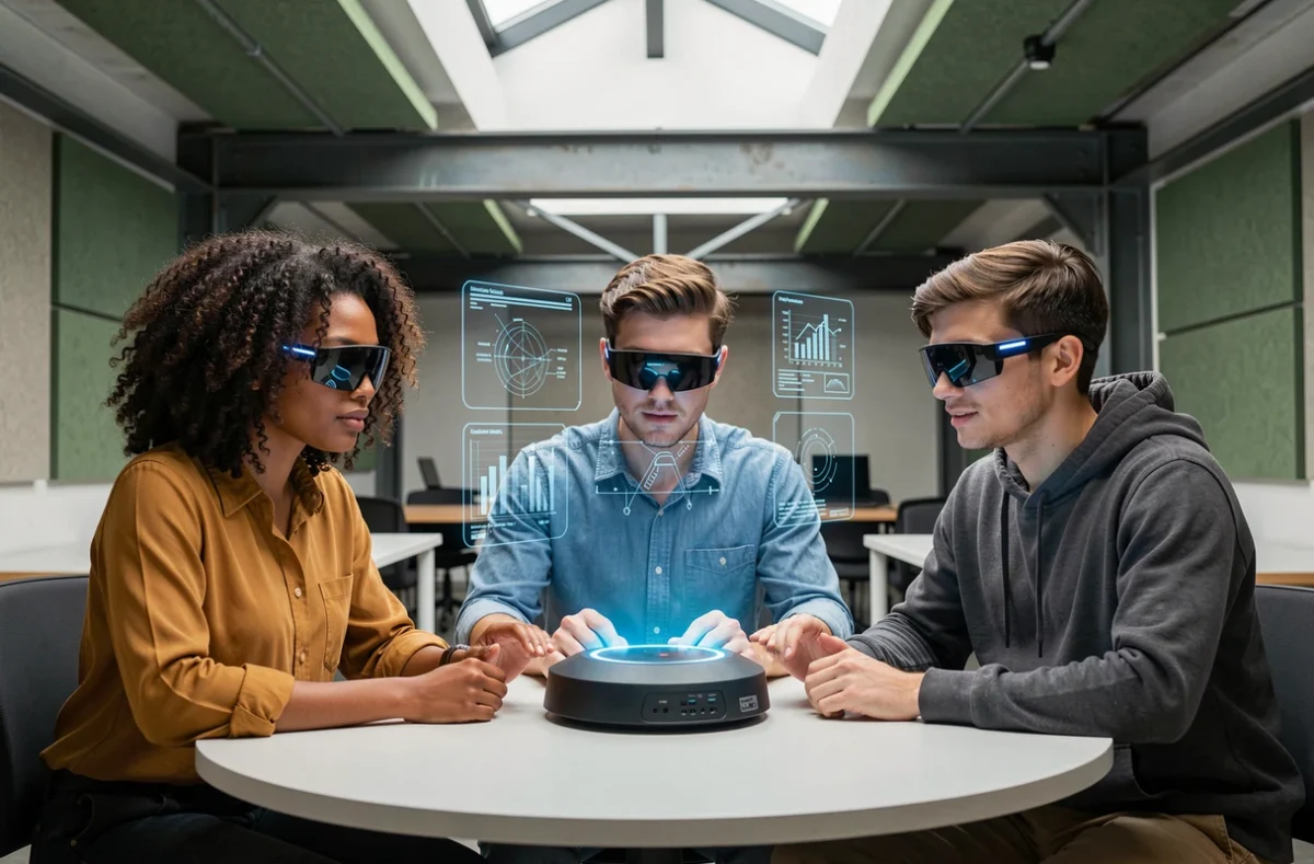 Équipe de jeunes professionnels explorant des projections en réalité augmentée dans un espace de coworking futuriste