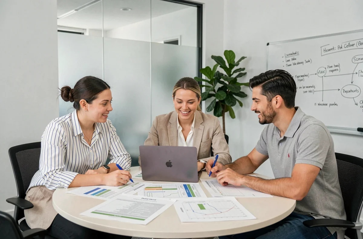 Équipe de professionnels collaborant autour d'une table de réunion avec des plannings imprimés, illustrant la coopération pour améliorer la productivité collective