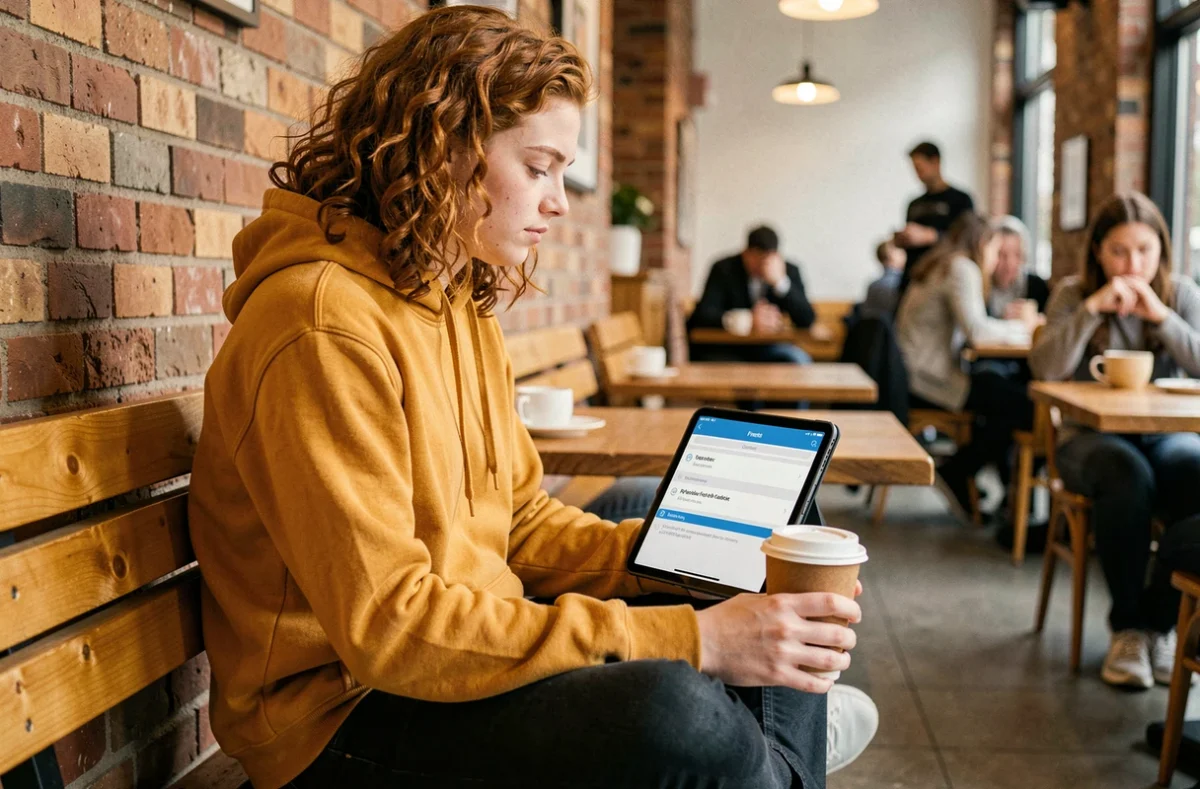Étudiant utilisant une application de traduction gratuite sur tablette dans un café