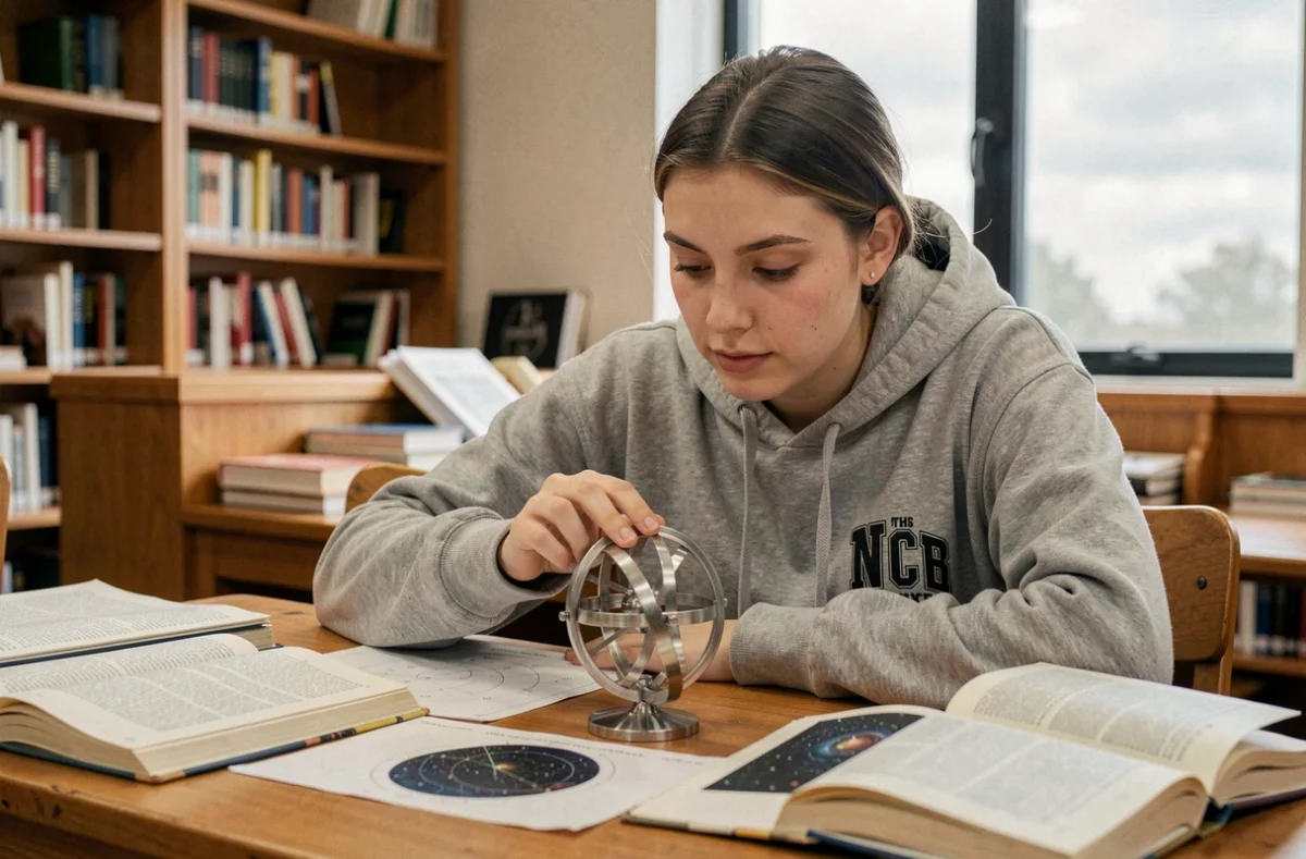 Étudiante en astronomie observant un gyroscope en rotation sur un bureau de bibliothèque universitaire