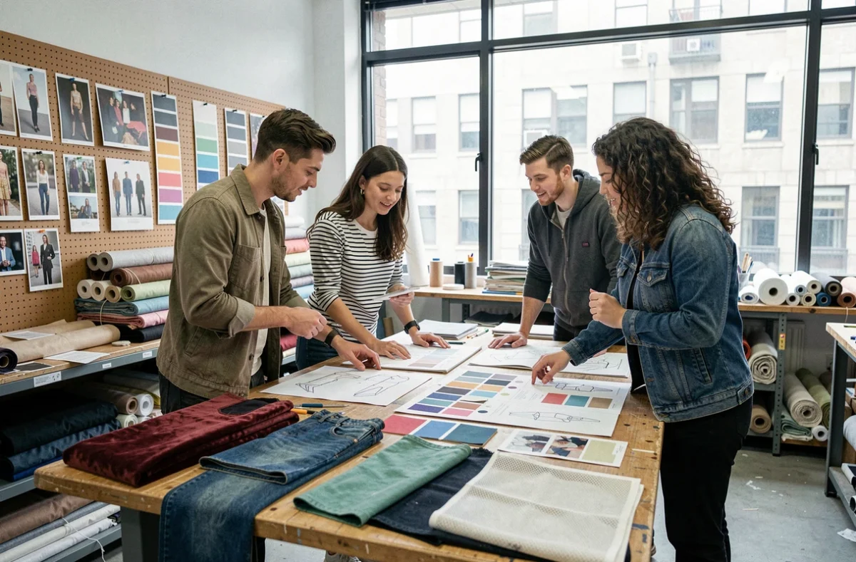 Étudiants en design de mode analysant des tendances et des tissus autour d'une table de travail dans un atelier créatif