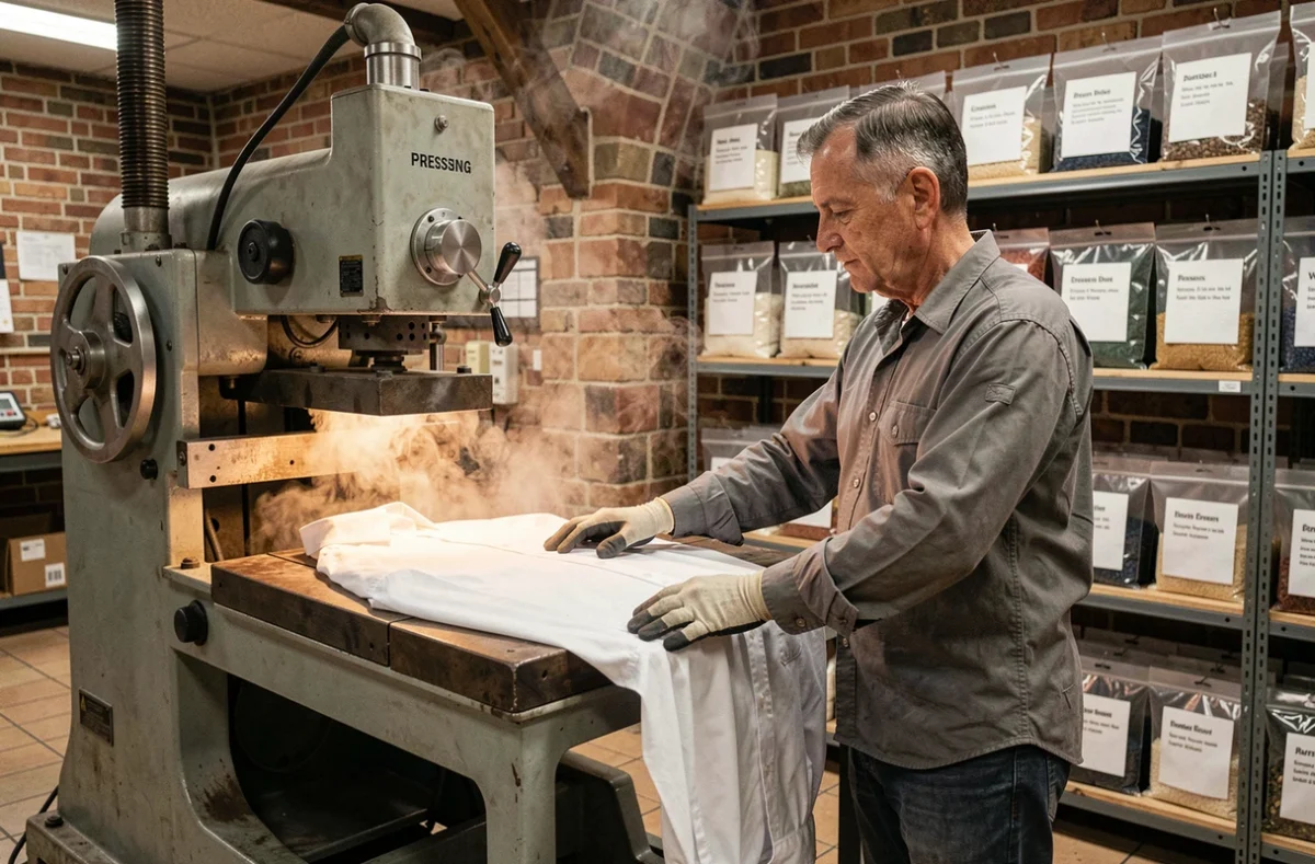 Employé d'Euro Pressing utilisant une presse à vapeur industrielle pour repasser une chemise blanche dans l'atelier du pressing