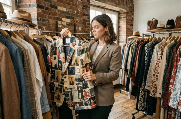 Femme explorant des vêtements vintage et contemporains dans une boutique de mode parisienne, illustrant l'évolution des tendances vestimentaires