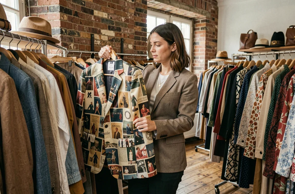 Femme explorant des vêtements vintage et contemporains dans une boutique de mode parisienne, illustrant l'évolution des tendances vestimentaires