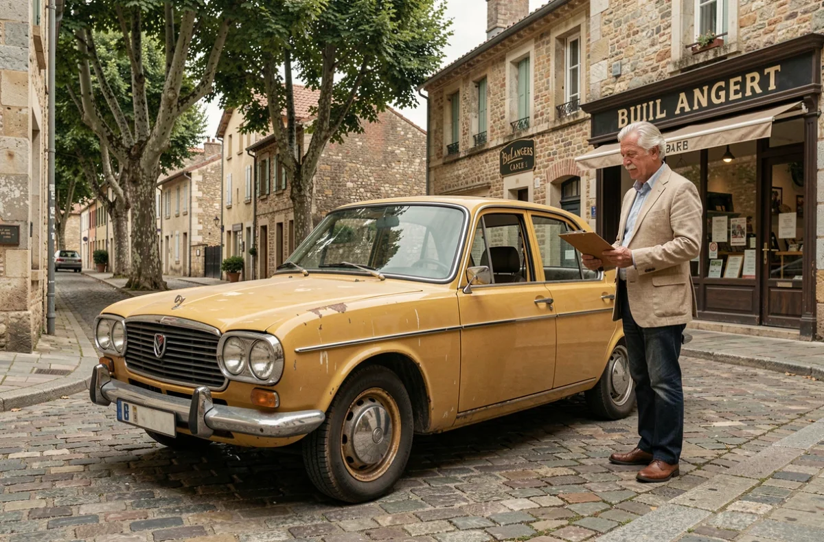 Une voiture ancienne des années 70 garée dans un village français lors d'une expertise pour obtenir le statut de véhicule de collection