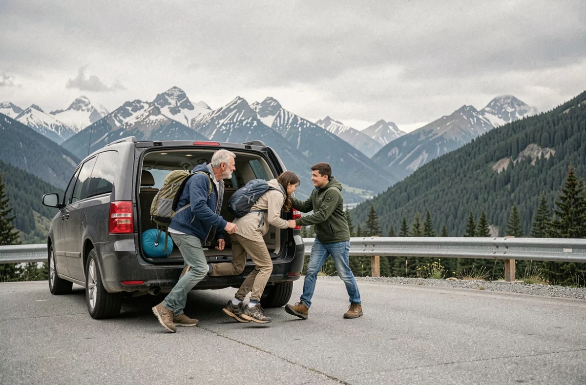 Une famille s'étire à côté de leur minivan chargé lors d'une pause à un belvédère de montagne pendant un long road trip