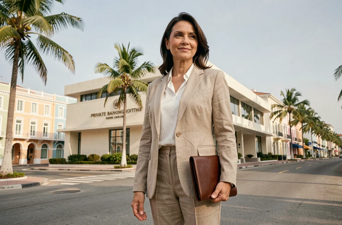 Femme d'affaires devant une banque privée dans un paradis fiscal tropical aux façades coloniales