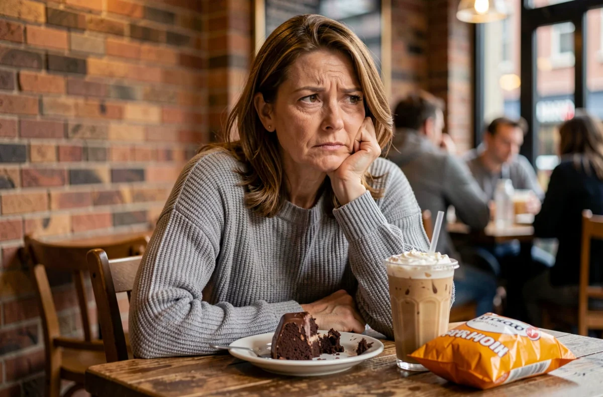Femme fatiguée dans un café entourée d'aliments sucrés et transformés néfastes pour la santé cérébrale