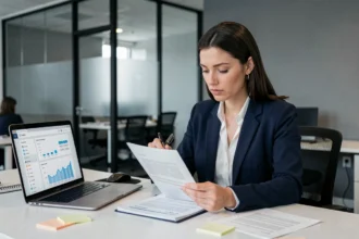 Femme professionnelle analysant un document RGPD dans un bureau moderne
