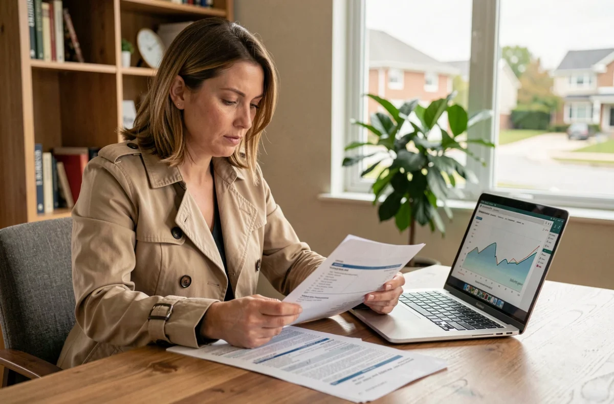 Femme analysant la décote et la valeur de revente d'une voiture depuis son bureau à domicile