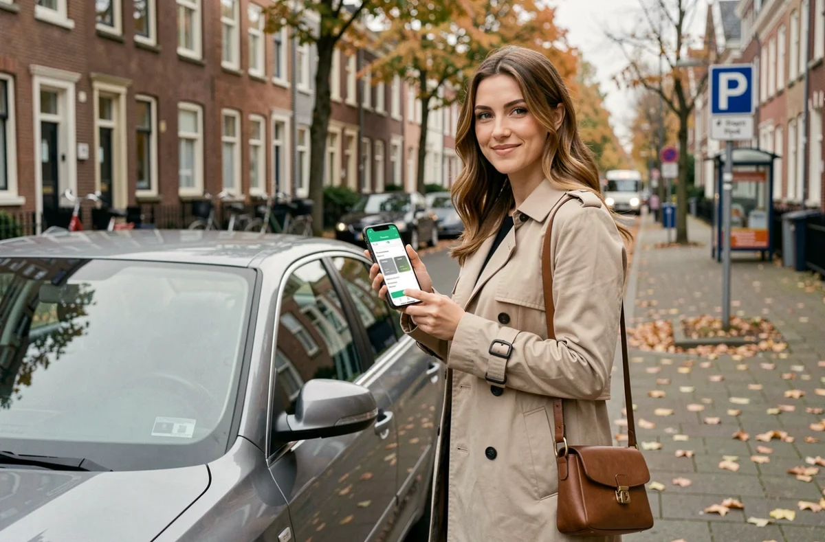 Femme utilisant une application de covoiturage sur smartphone devant une voiture garée dans une rue résidentielle en automne