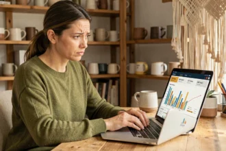 Femme artisane frustrée devant son ordinateur avec des statistiques Etsy montrant beaucoup de vues mais aucune vente