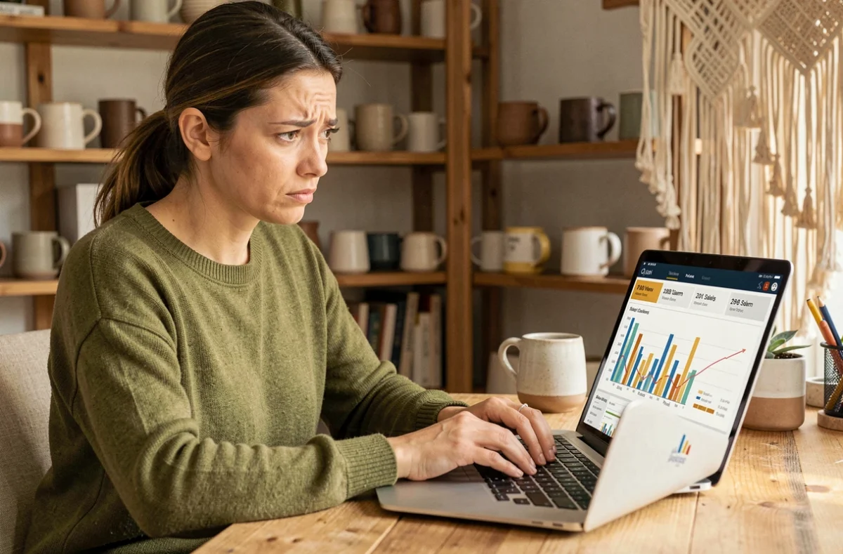 Femme artisane frustrée devant son ordinateur avec des statistiques Etsy montrant beaucoup de vues mais aucune vente
