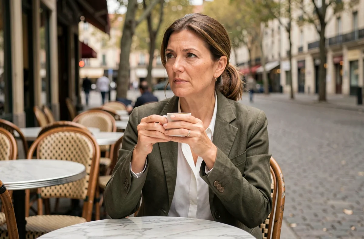 Femme française attablée à une terrasse de café lyonnaise, reflet de la vie urbaine féminine dans les grandes villes françaises
