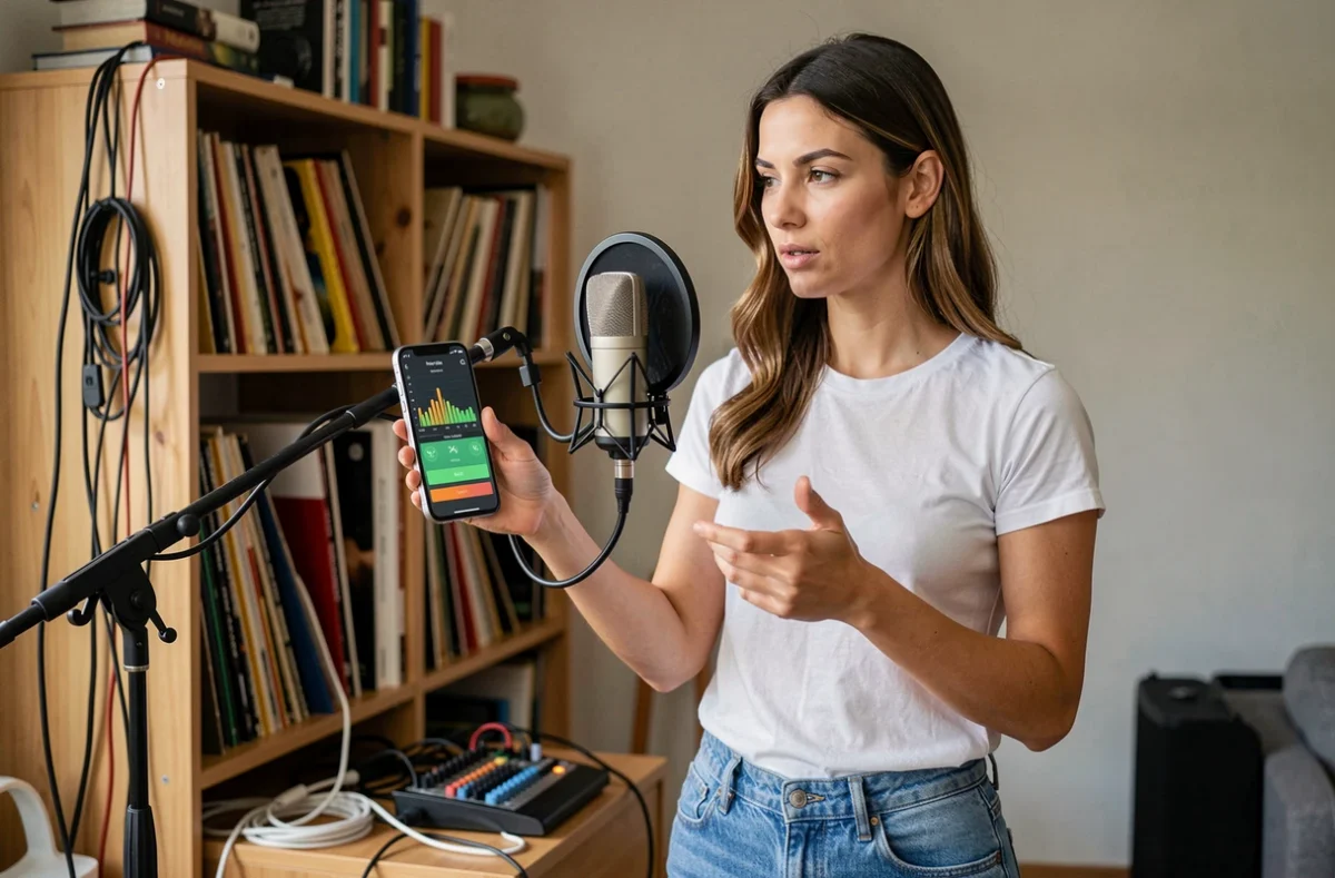 Femme consultant une calculatrice de décibels sur smartphone dans un espace d'enregistrement improvisé à domicile