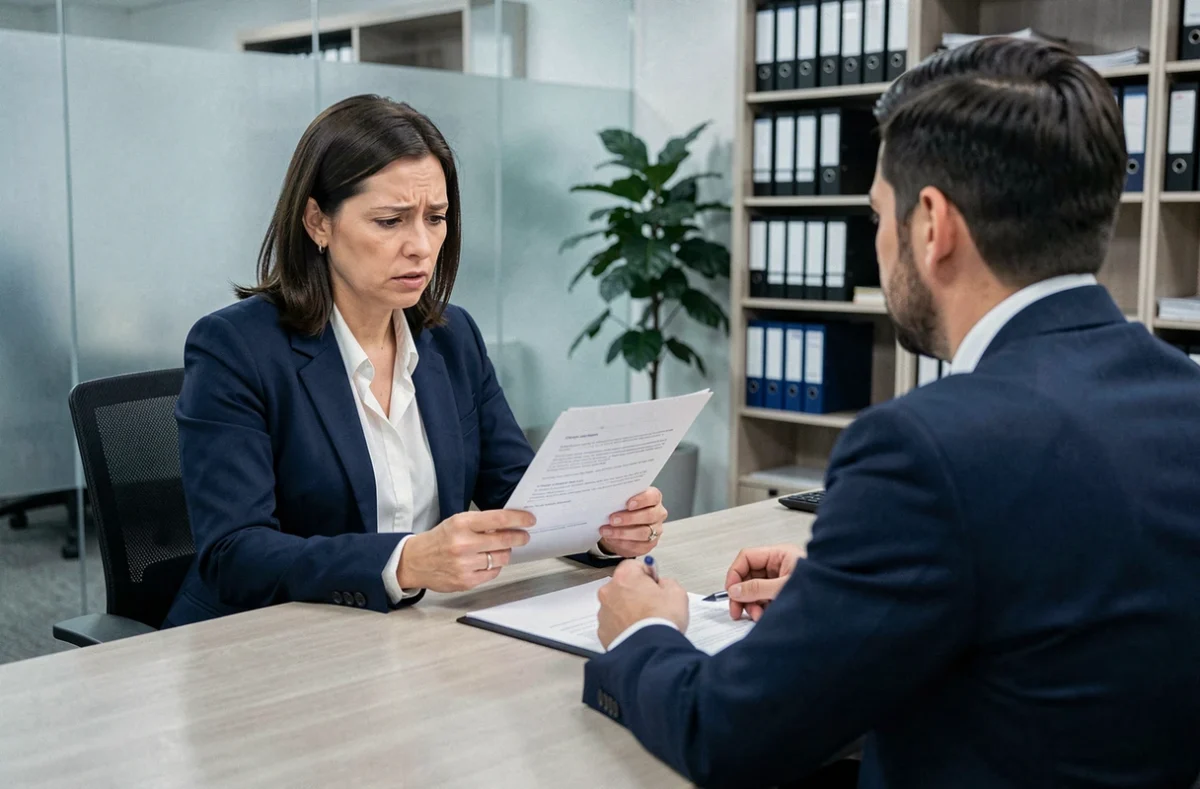 Femme inquiète discutant des risques d'un prêt hypothécaire avec un conseiller bancaire dans un bureau professionnel