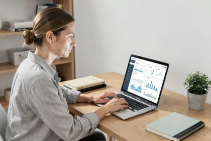 Femme entrepreneur digital travaillant sur un laptop avec des tableaux de bord analytics dans un bureau minimaliste