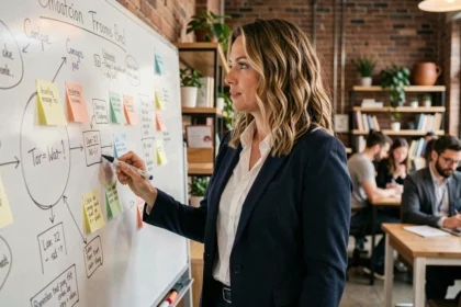 Femme entrepreneure devant un tableau blanc couvert de schémas d'innovation dans un espace de coworking moderne