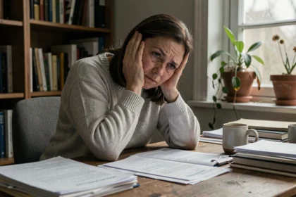 Femme épuisée assise à son bureau à domicile, tête dans les mains, illustrant les symptômes du burn-out professionnel