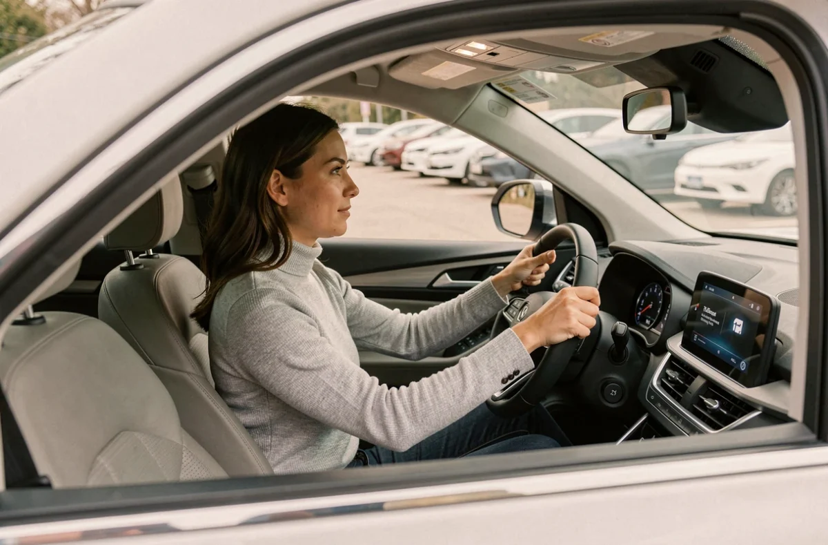 Femme au volant d'un SUV neuf lors d'un essai en concession automobile