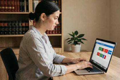 Femme utilisant un logiciel de traduction gratuit sur un ordinateur portable dans un bureau à domicile