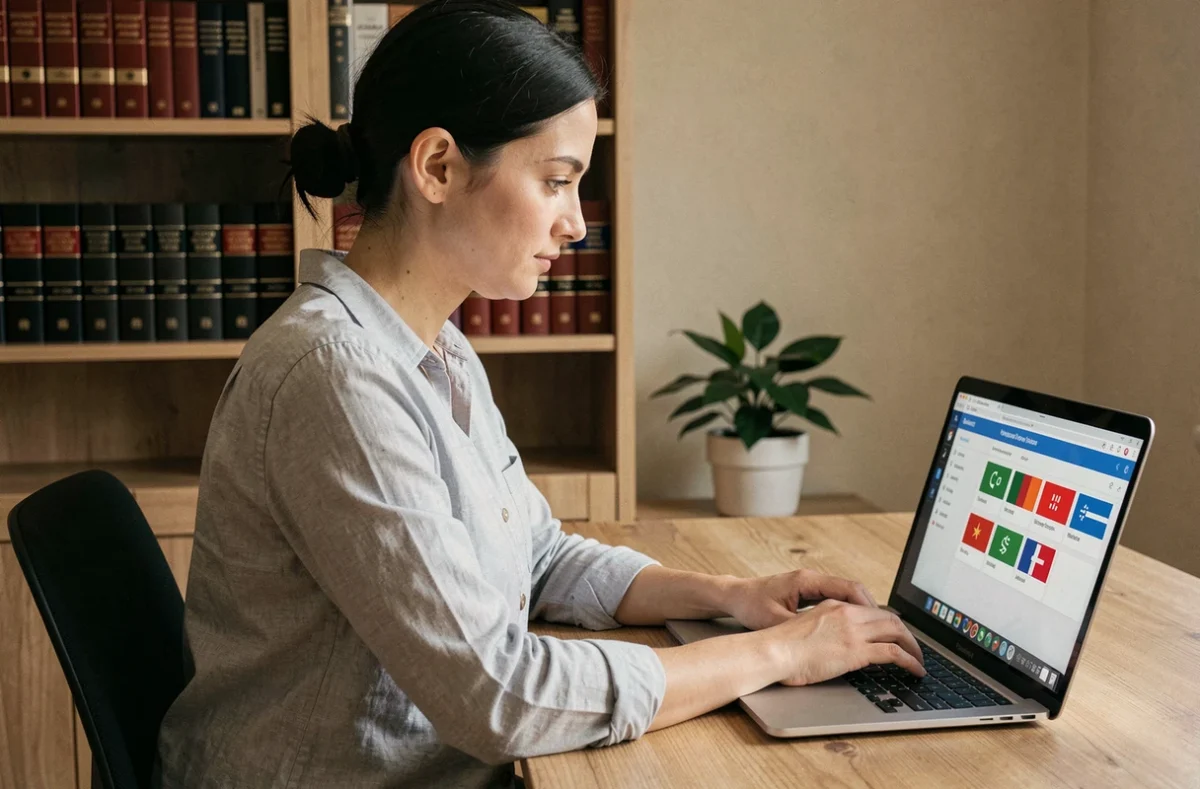 Femme utilisant un logiciel de traduction gratuit sur un ordinateur portable dans un bureau à domicile