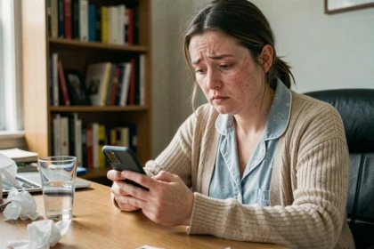 Femme malade en télétravail tapant un message à son manager depuis son bureau à domicile