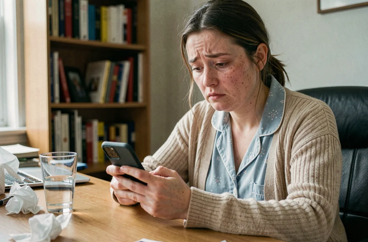 Femme malade en télétravail tapant un message à son manager depuis son bureau à domicile
