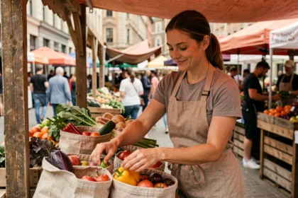 Femme triant des fruits et légumes dans des sacs en tissu réutilisables sur un marché en plein air, illustrant le principe zéro déchet