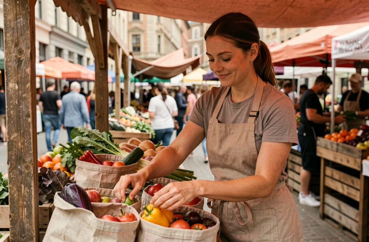 Femme triant des fruits et légumes dans des sacs en tissu réutilisables sur un marché en plein air, illustrant le principe zéro déchet
