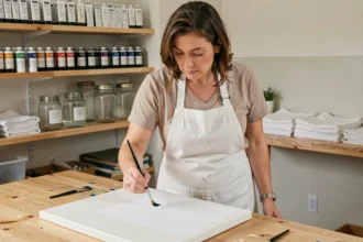 Femme peignant avec soin sur une toile dans un atelier rangé, illustrant la peinture propre et organisée