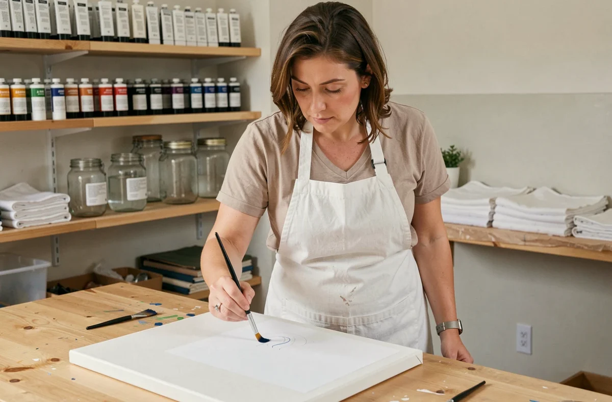 Femme peignant avec soin sur une toile dans un atelier rangé, illustrant la peinture propre et organisée