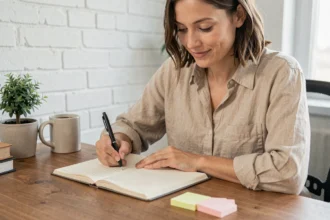 Femme écrivant son planning de journée dans un agenda papier sur un bureau en bois à la maison