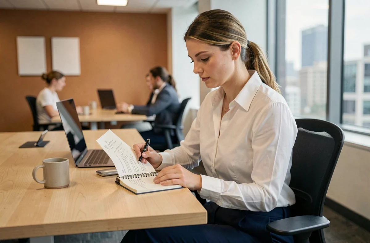 Femme concentrée à son bureau en open space, consultant une liste de tâches pour améliorer sa productivité au travail