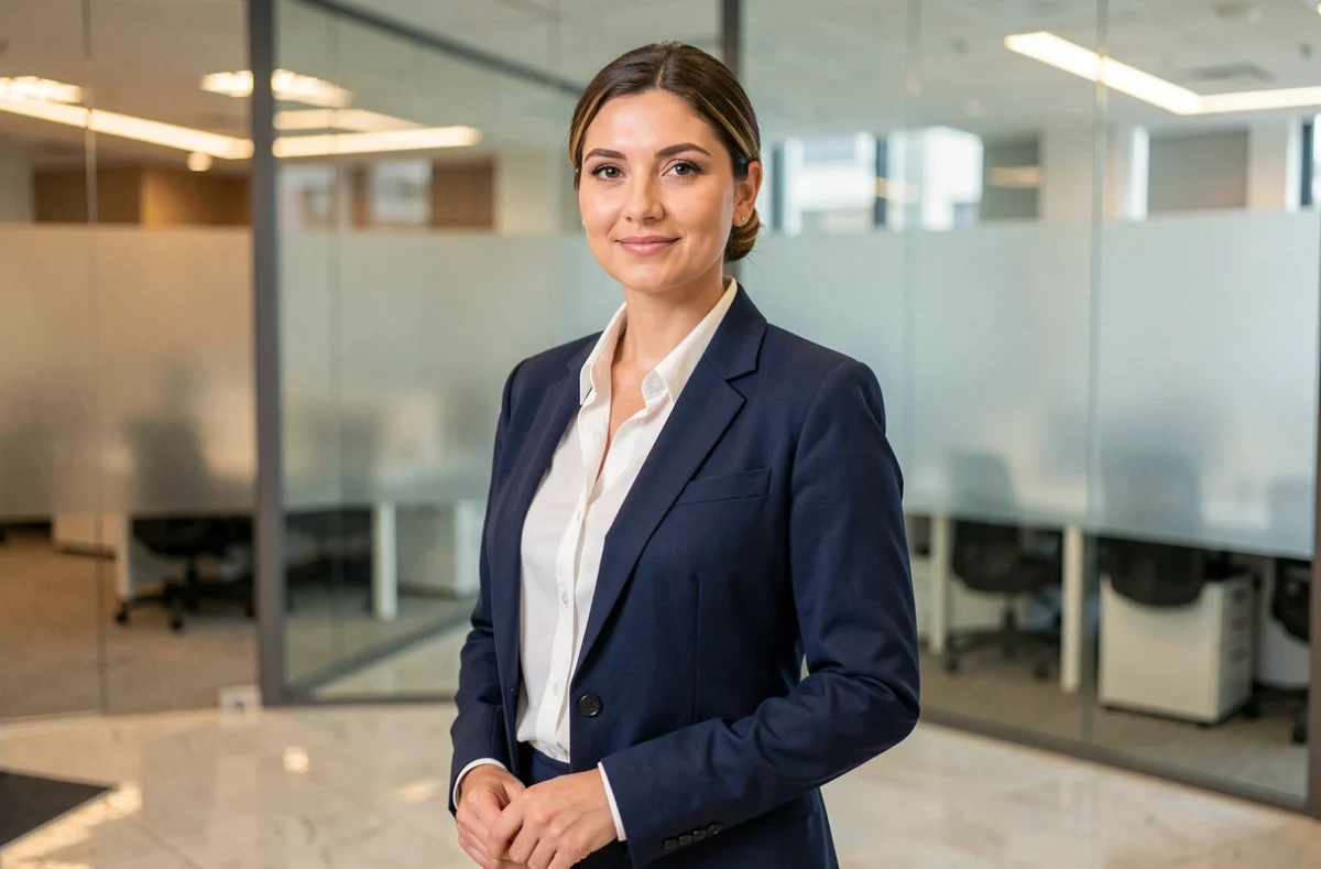 Femme professionnelle en tailleur bleu marine dans un hall d'entreprise moderne, illustrant l'importance du vêtement professionnel