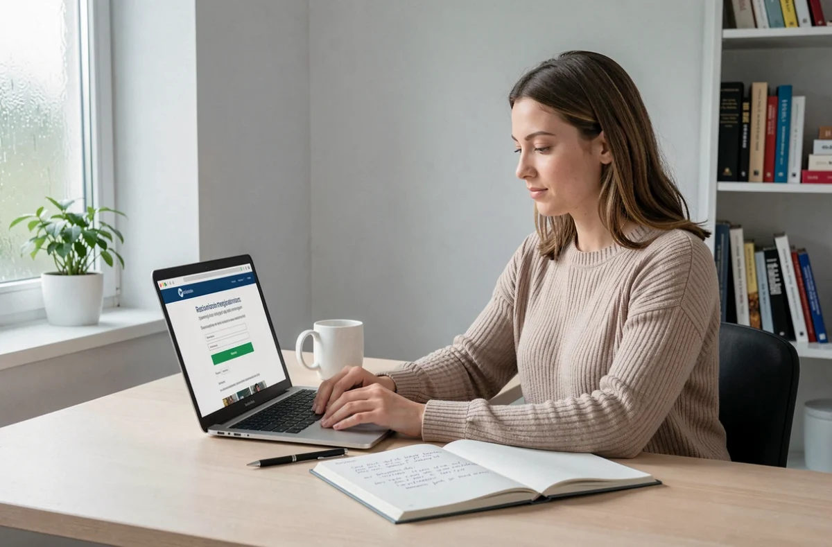 Jeune femme consultant des informations en ligne sur la création d'une SAS familiale depuis son bureau à domicile