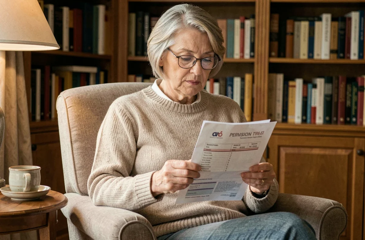 Femme retraitée lisant ses relevés de pension dans son salon, planifiant son revenu à la retraite