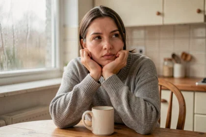 Femme songeuse assise à une table de cuisine, perdue dans ses pensées, illustrant le phénomène de rumination mentale