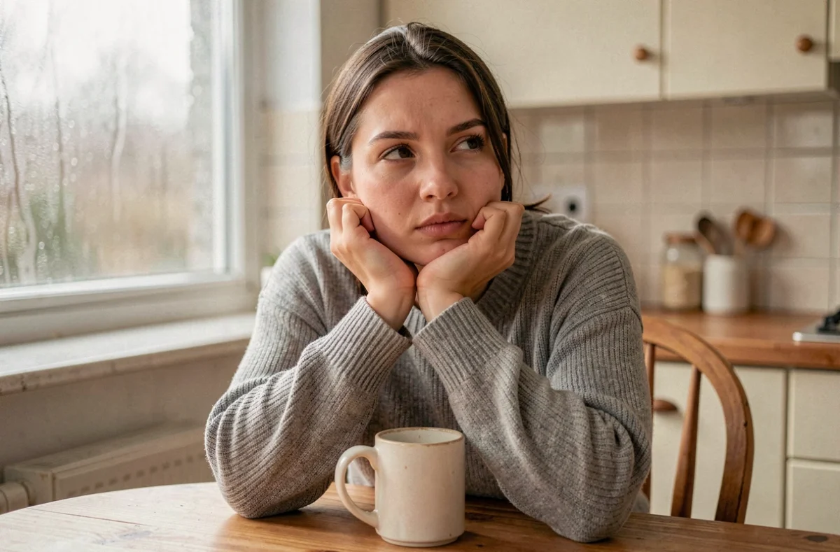 Femme songeuse assise à une table de cuisine, perdue dans ses pensées, illustrant le phénomène de rumination mentale