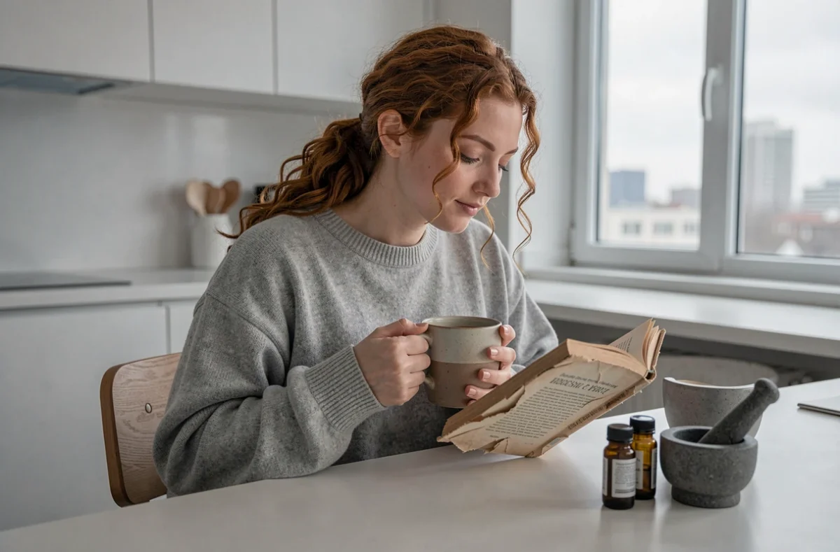 Jeune femme lisant un livre sur la santé holistique autour d'une tisane de plantes dans une cuisine moderne, entourée de compléments naturels
