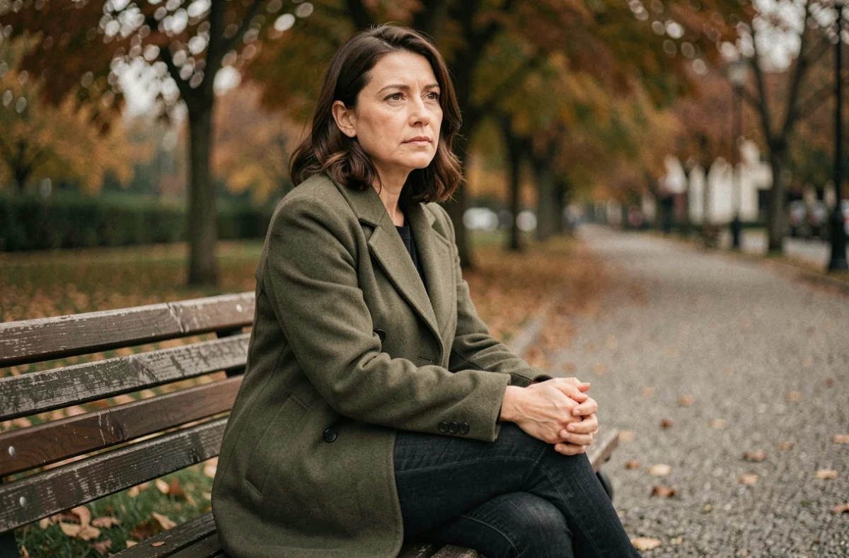 Femme seule assise sur un banc dans un parc en automne, illustrant l'éloignement familial et la solitude choisie