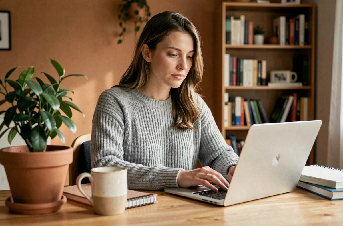 Femme travaillant à distance depuis son bureau à domicile, illustrant la productivité en télétravail