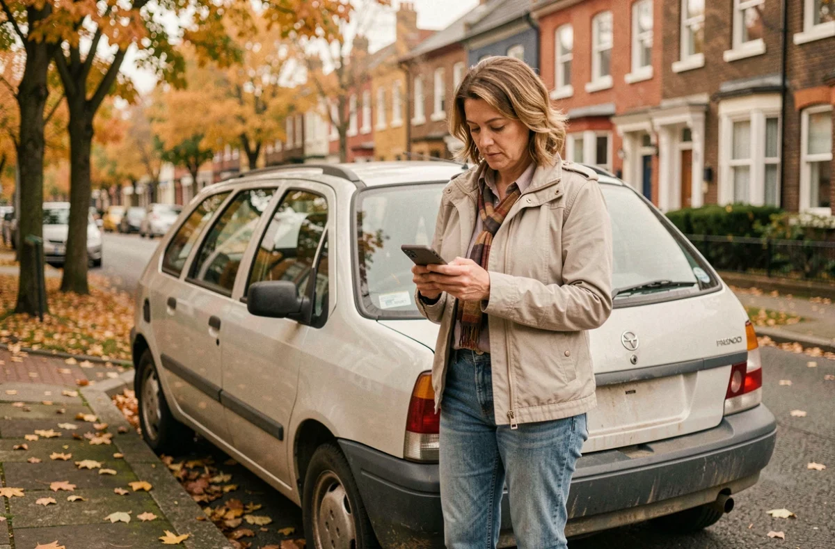 Femme recherchant des solutions pour sauver sa voiture en bon état déclarée perte totale au bord d'une rue résidentielle