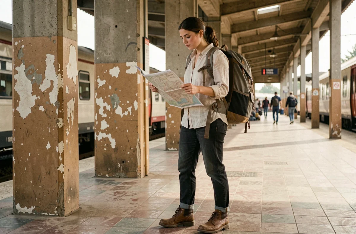 Femme voyageant seule sur un quai de gare européenne avec un sac à dos, consultant une carte papier
